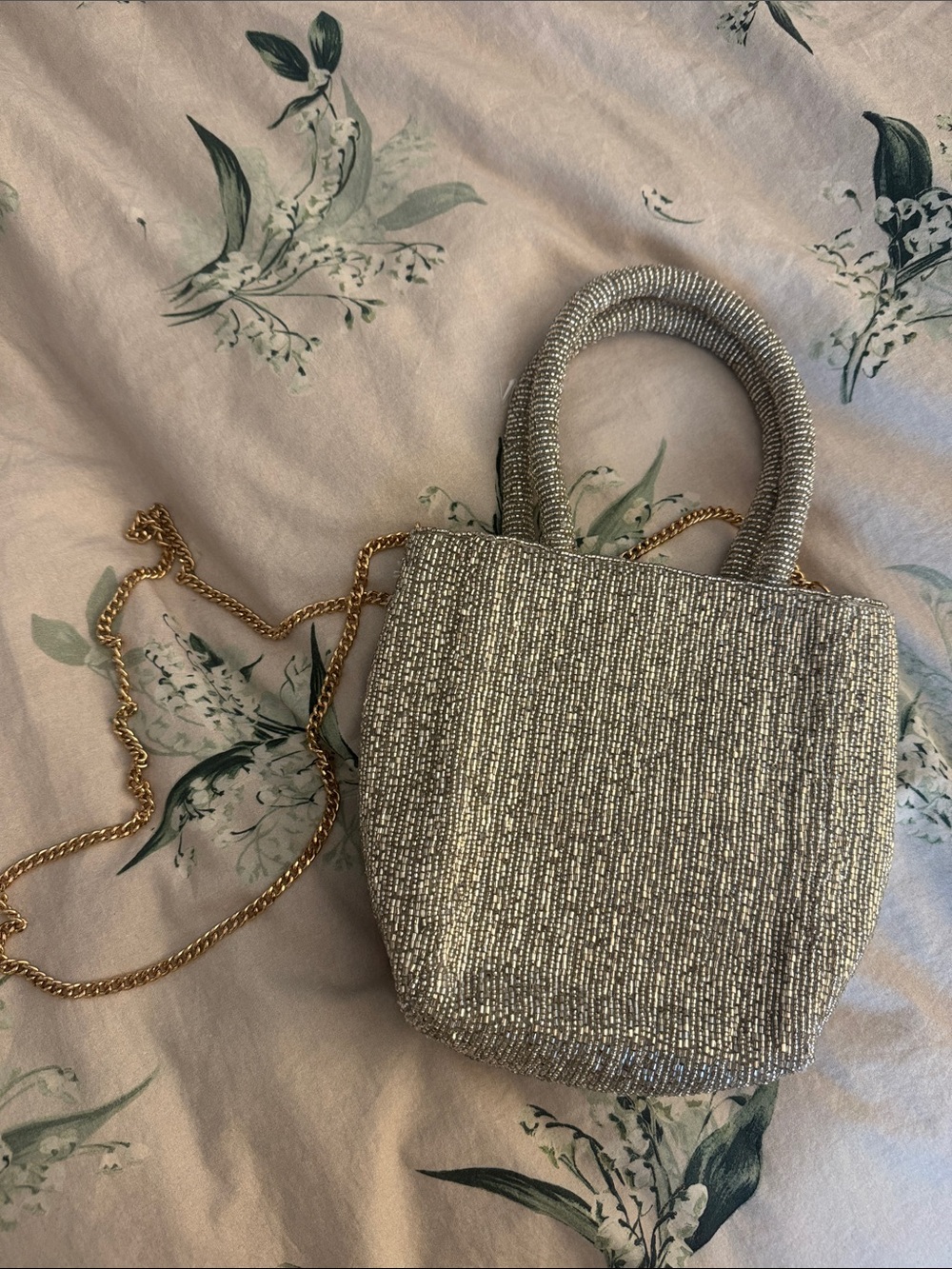 Anthropologie Silver Beaded Mini Tote Bag with Chain Strap